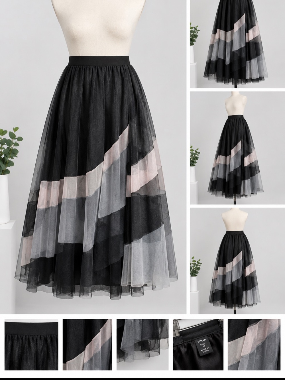 SHEIN Black Tulle Midi Skirt with Blush and Gray Panels